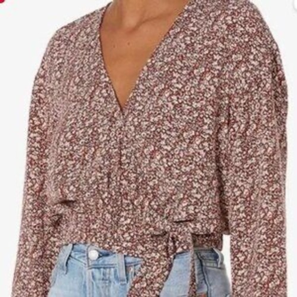 Madewell Ditsy Floral Wrap Top Brown Pink Long Sleeve V-Neck Size M NWT - Picture 5 of 7